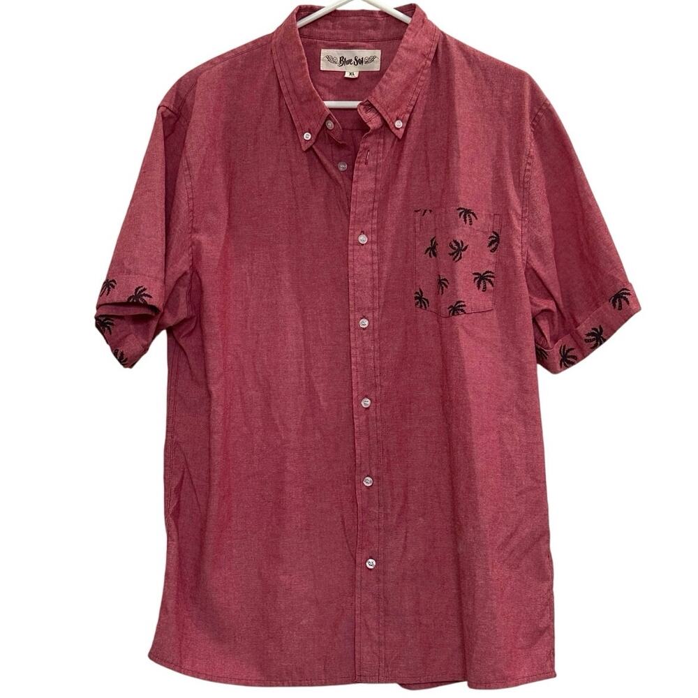 Blue Sol Light Red Palm Tree Men’s Button Down Shirt Cotton Blend Tropical! L/XL